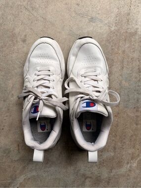 Champion White Leather Sneakers with Blue & Red Logo Accents